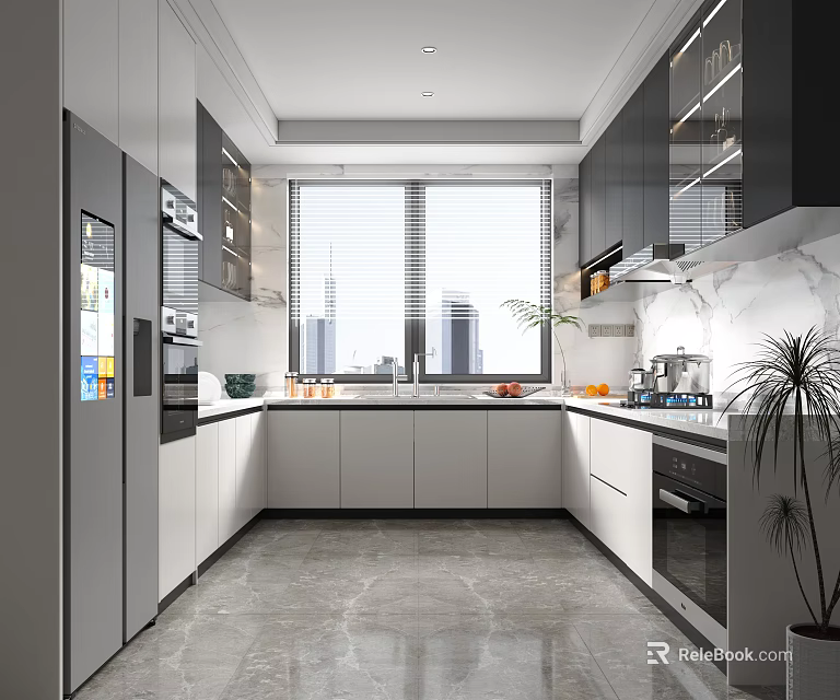 Modern Kitchen Interior With White Black Cabinets Large Window And Marble Countertop 3d model