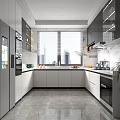 Modern Kitchen Interior With White Black Cabinets Large Window And Marble Countertop 3d model