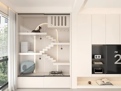 Home Balcony White Design With Cat Climbing Staircase Shelves Storage Cabinets And Glass Door 3d model
