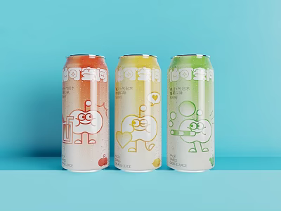 Three Colorful Canned Drinks With Cartoon Characters And Various Flavors 3d model