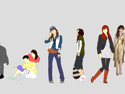 Group of People with Various Poses Standing Sitting and Wearing Different Casual Formal Outfits 3d model
