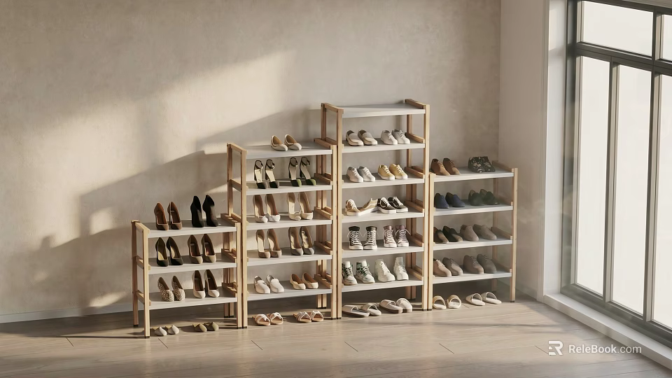 Various Shoes Displayed on Wooden Racks in Bright Indoor Setting with Natural Light 3d model 