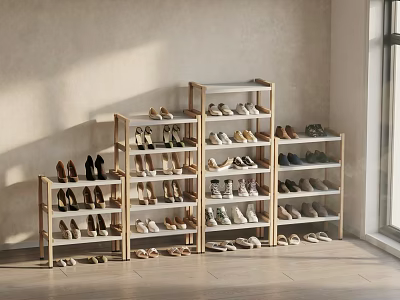 Various Shoes Displayed on Wooden Racks in Bright Indoor Setting with Natural Light 3d model