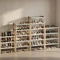 Various Shoes Displayed on Wooden Racks in Bright Indoor Setting with Natural Light