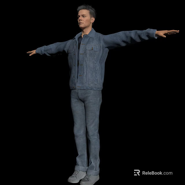 Man In Denim Jacket And Jeans With Arms Outstretched Against Black Background 3d model