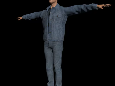 Man In Denim Jacket And Jeans With Arms Outstretched Against Black Background 3d model