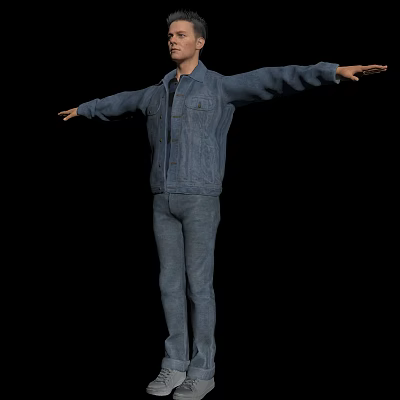 Man In Denim Jacket And Jeans With Arms Outstretched Against Black Background 3d model