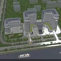 Modern Waterfront Office Buildings With Multiple Structures Green Roofs Surrounding Greenery Roads And Boats