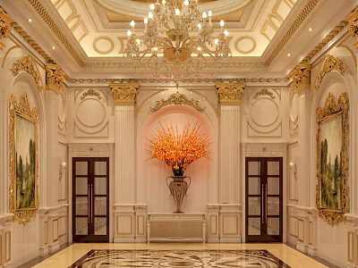 Luxurious Hotel Lobby Featuring Grand Chandelier Gold Accents Marble Floor And Orange Floral Arrangement 3d model