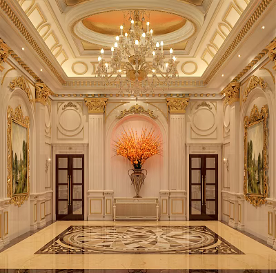 Luxurious Hotel Lobby Featuring Grand Chandelier Gold Accents Marble Floor And Orange Floral Arrangement 3d model