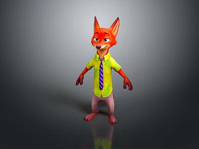 3D Fox Game And Movie Character Wearing Yellow Shirt And Striped Tie In Standing Pose 3d model