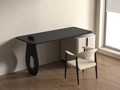 Black Desk With Unique Leg Design White Cabinet And Beige Chair Near Window 3d model