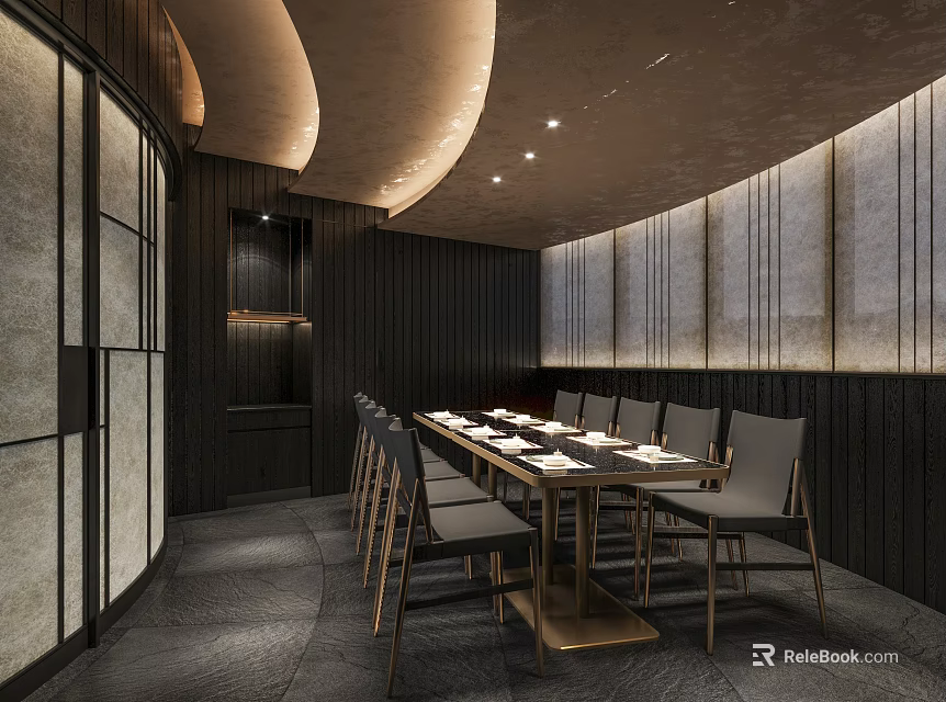 Elegant Private Dining Room With Long Table Dark Walls And Curved Lighting 3d model