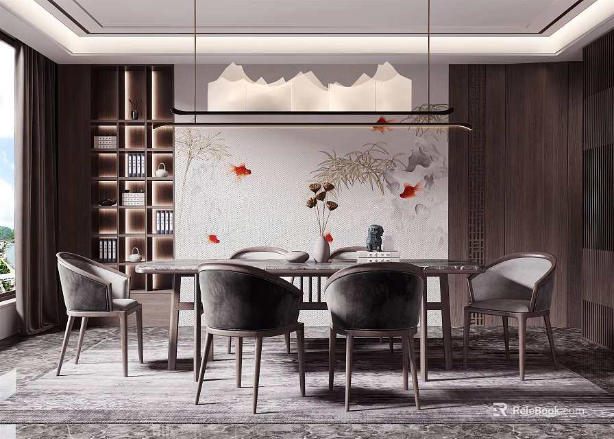 Contemporary Restaurant Interior With Wooden Table Gray Chairs Wave Pendant Light And Landscape Mural 3d model 