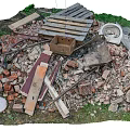 Scattered Stones and Wood Debris With Wooden Planks Bricks and Green Plants