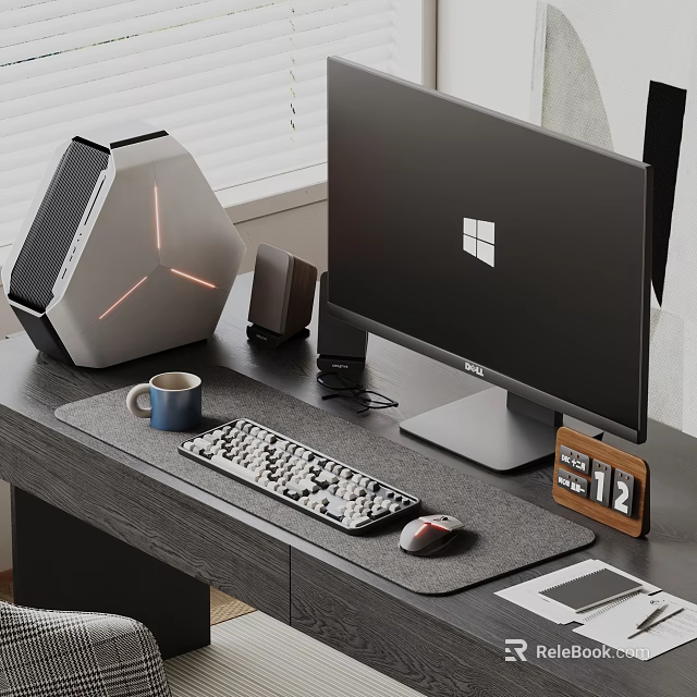 Modern Computer Desktop Setup With PC Case Monitor Keyboard Mouse And Accessories 3d model 