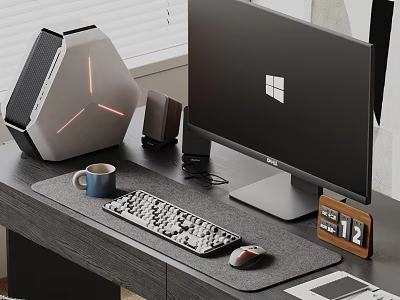 Modern Computer Desktop Setup With PC Case Monitor Keyboard Mouse And Accessories 3d model