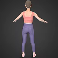 Woman wearing pink sports bra and purple leggings barefoot with arms outstretched against dark background