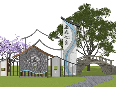 Traditional Chinese Architectural Facade With Tile Roof Grille Purple Flowering Trees And Stone Bridge 3d model