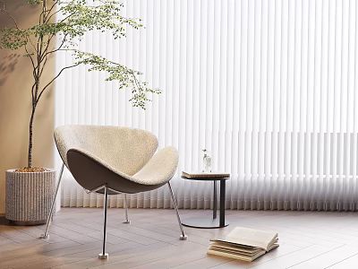 Modern Leisure Chair with Metal Legs Potted Plant Small Round Table and White Blinds 3d model
