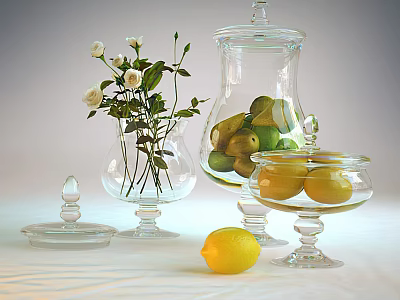 Fresh Lemons Limes and Apples in Clear Glass Containers with White Roses 3d model