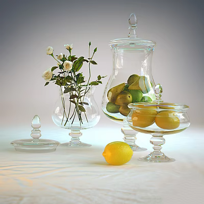 Fresh Lemons Limes and Apples in Clear Glass Containers with White Roses 3d model