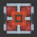 Red Geometric Cube Structure With Square Patterns And Metal Frame Accents