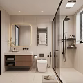 Modern Bathroom Interior Design With Round Mirror Wooden Vanity Glass Shower And Toilet