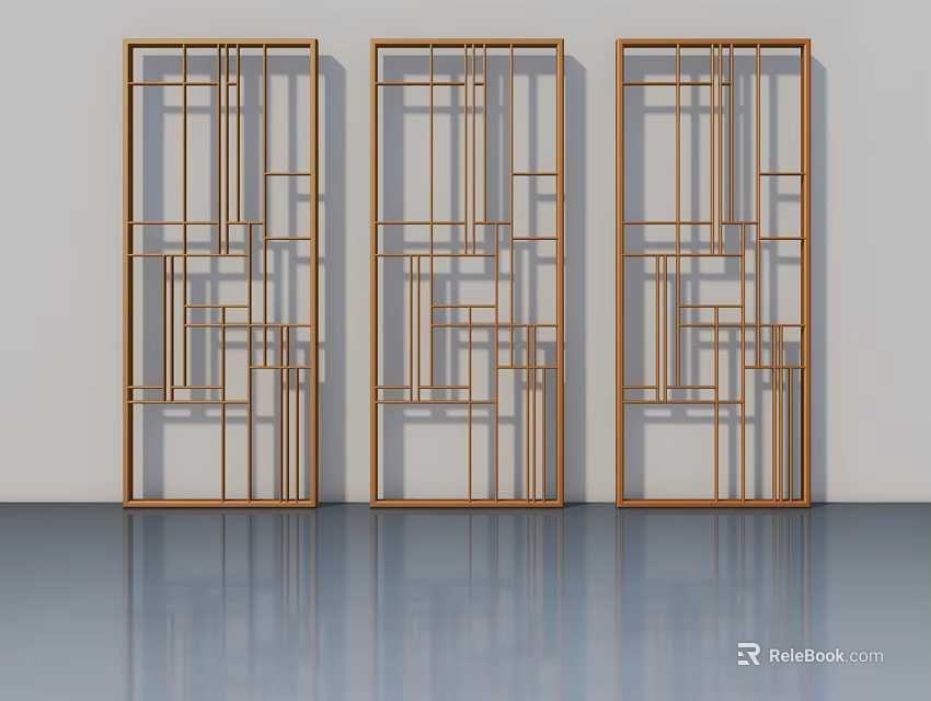 Three Modern Hinged Doors Featuring Geometric Grid Design And Reflective Floor 3d model