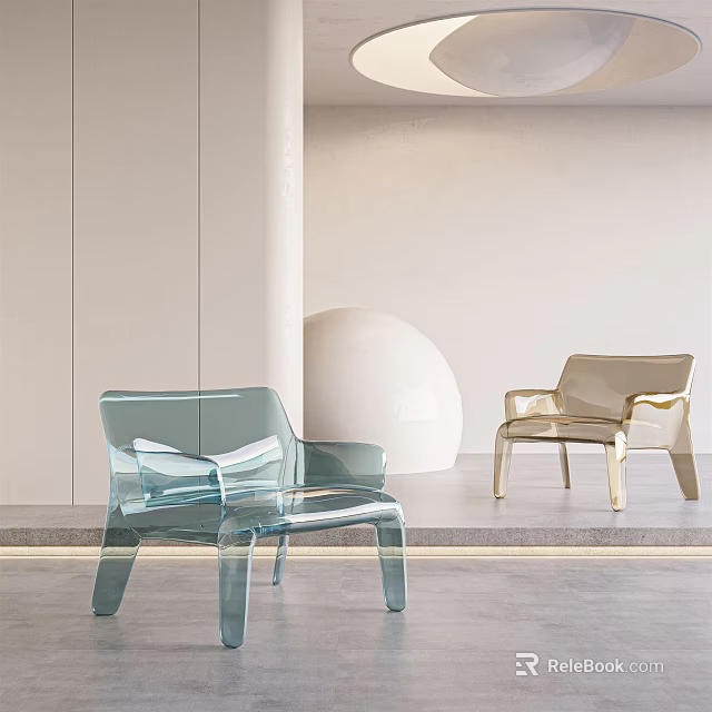 Transparent Blue And Gold Accent Chairs In Modern Minimalist Interior With White Walls Columns 3d model 