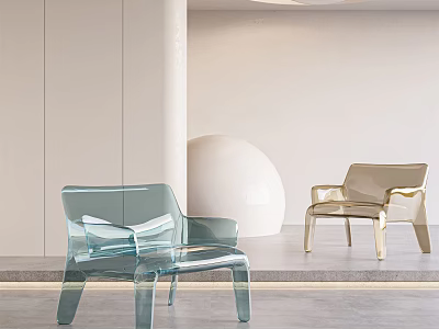 Transparent Blue And Gold Accent Chairs In Modern Minimalist Interior With White Walls Columns 3d model