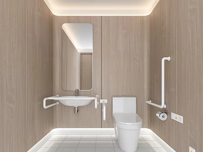 Modern Accessible Restroom Design With Wooden Walls And Grab Bars 3d model