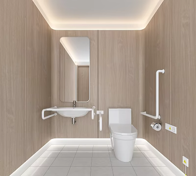 Modern Accessible Restroom Design With Wooden Walls And Grab Bars 3d model