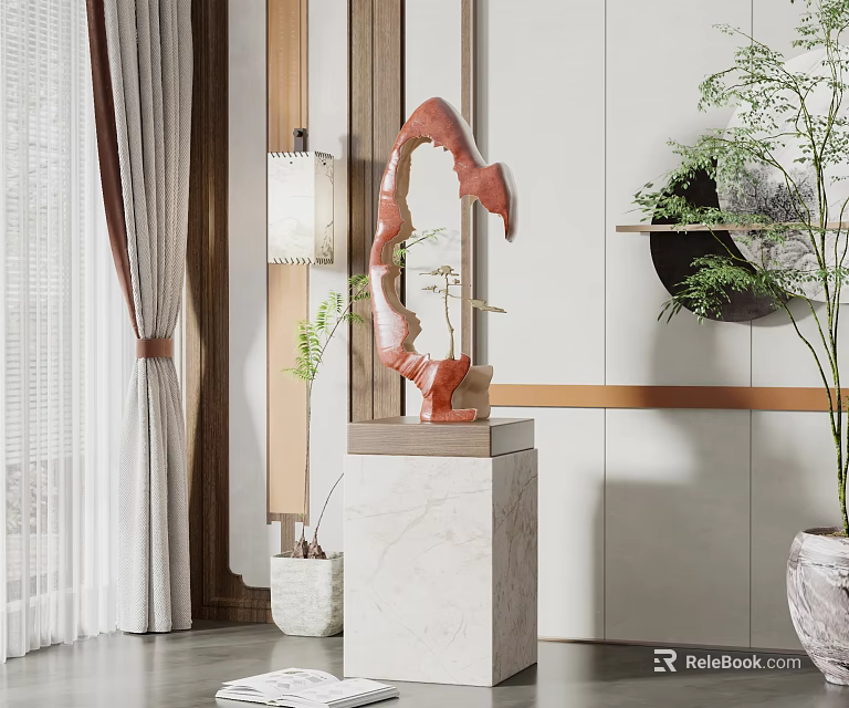 Modern Interior Decorative Red Sculpture With Marble Base And Green Plants 3d model 