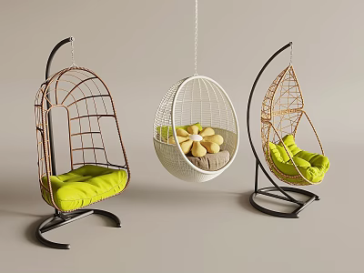 Three Different Wicker Rattan Hanging Chairs With Green Cushions And Egg Shaped Design 3d model