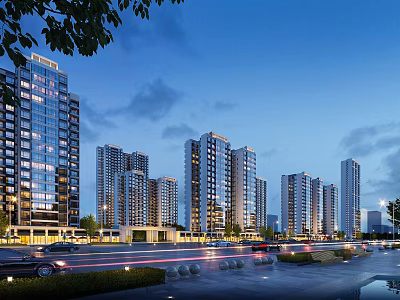 Modern Street Commercial Street Night View Street High-rise Residential Quarter Night View Automobile Residential Gate High-rise Residential Quarter Entrance Multi-storey Foreign House Street Residential Quarter 3d model