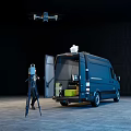 Black Mercedes-Benz Utility Van With Open Door Roof Equipment Drone And Nearby Person