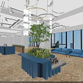 Modern Reception Area With Blue Front Desk Green Plants Blue Sofas And Large Windows