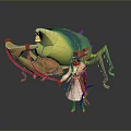 Game Character In White Robe With Green Accents Holding Bow Beside Large Insect Like Creature