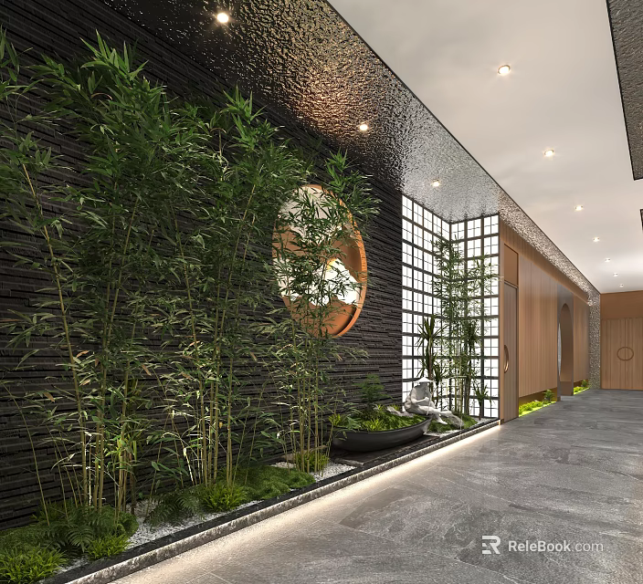 Modern Hotel Corridor With Bamboo Plants Circular Decoration And Grid Windows 3d model 