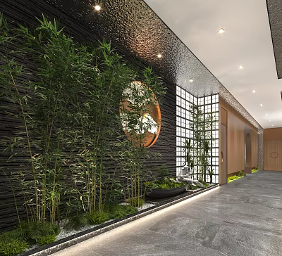 Modern Hotel Corridor With Bamboo Plants Circular Decoration And Grid Windows 3d model