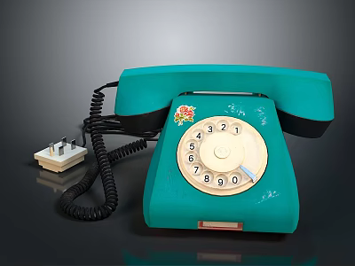 Teal Vintage Telephone With Rotary Dial Coiled Cord And Power Adapter 3d model