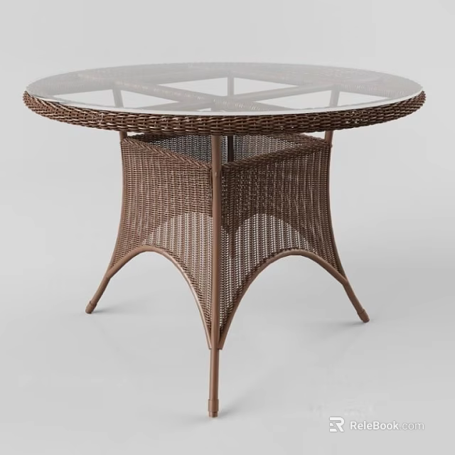Round Glass Top Dining Table With Brown Wicker Frame And Woven Support Structure 3d model