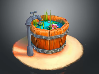Wooden Barrel Water Feature With Faucet Lotus Flower And Aquatic Plants 3d model