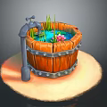 Wooden Barrel Water Feature With Faucet Lotus Flower And Aquatic Plants