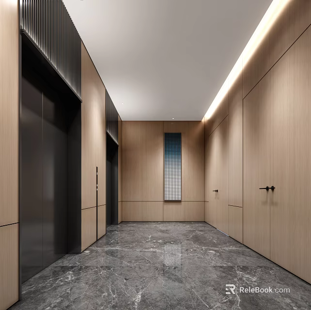 Modern Elevator Hallway With Wooden Panel Walls Marble Flooring And Ceiling Lighting 3d model