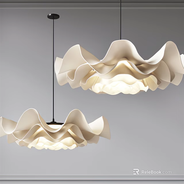 Two White Petal Shaped Chandeliers With Wavy Design Hanging In Grey Background With Soft Lighting 3d model 