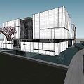 Modern Sales Office Building Exterior with Glass Facade Pink Flowering Tree and Water Feature