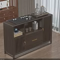 New Chinese Style Walnut Wood Sideboard Cabinet With Grille Doors Drawers And Tea Set