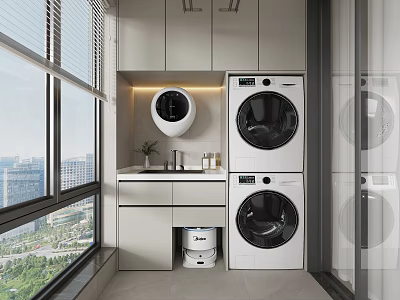 Modern Home Balcony Laundry Space With Washing Machine Dryer Storage Cabinets And Large Window 3d model